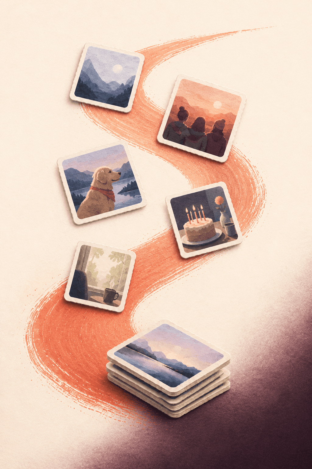 Printed photographs following a coral sweep into a neat stack